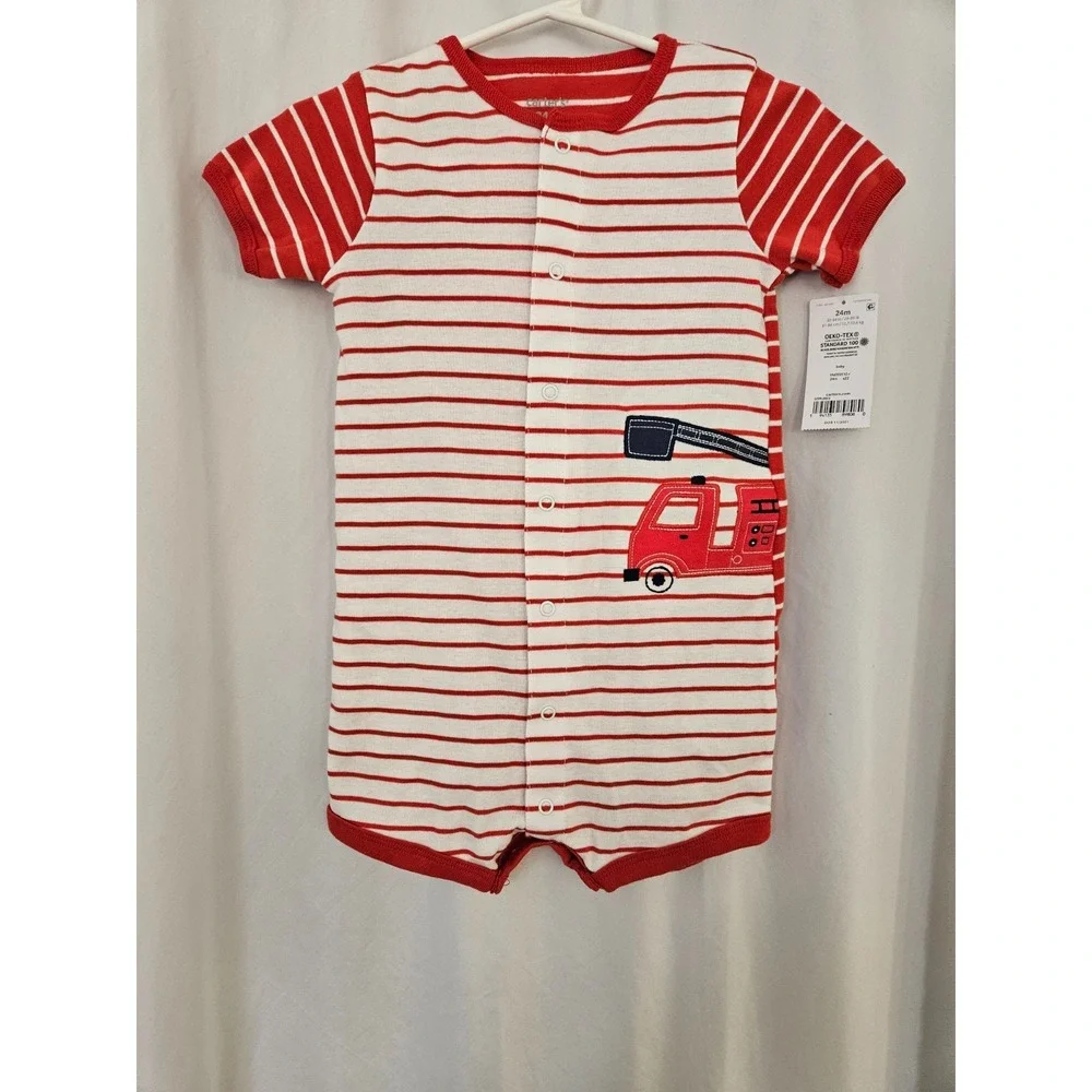 Carters 6 Month‎ One Piece Jumpsuit Navy Blue White Striped with Fire Truck Boys